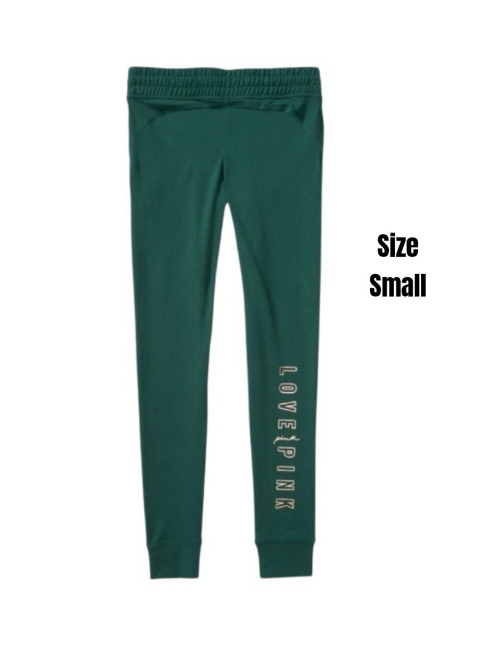 VS PINK Dark Ivy Green Foil Shine Logo Mid Rise Cotton Campus Leggings Small NEW